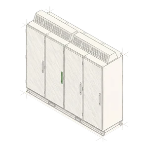 Pencil drawing of an Arete solid-state transformer cabinet converting medium-voltage AC to the DC bus
