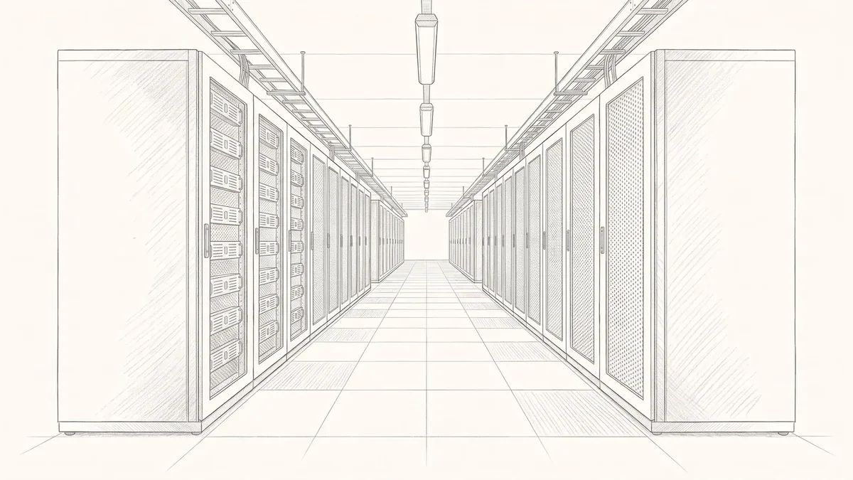 Pencil drawing of an AI data hall: two rows of server cabinets receding down a cold aisle beneath an overhead cable tray and lighting run