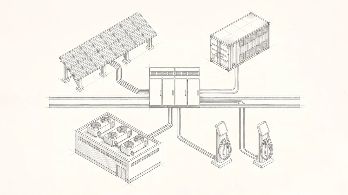 Pencil drawing of a micro-grid: solar array and containerised storage feeding a solid-state transformer on an 800 V DC busbar, with a data center and EV chargers as loads
