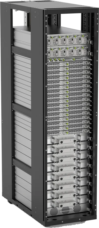The 1.35 MW power rack Arete showed at Computex 2026, with AC power supply shelves above and battery backup shelves below.